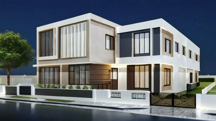 Modern house in the city, 3d house model rendering on white background, Clean and precise 3D illustration modern cozy house. Concept for real estate or property.