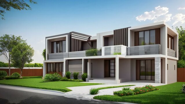 Modern building in the park, 3d house model of white and grey modern minimal background. Real estate concept.