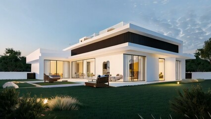 Fototapeta premium House in the park with sky, Minimalistic 3D model of a modern home on a plain white background. Concept for real estate or property.