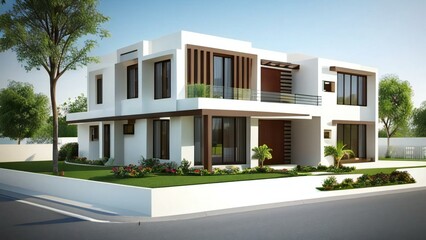 Fototapeta na wymiar Modern building with a balcony, Stylish and compact 3D rendering of a contemporary home design. Concept for real estate or property.