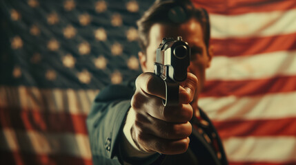 A man holding a gun in front of an American flag, symbolizing potential danger. Concept of the problem of gun laws in the USA, crime. Copy space. - obrazy, fototapety, plakaty