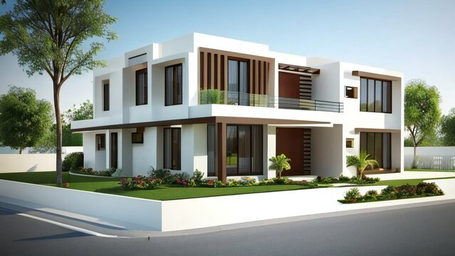 Modern building with a balcony, Stylish and compact 3D rendering of a contemporary home design. Concept for real estate or property.