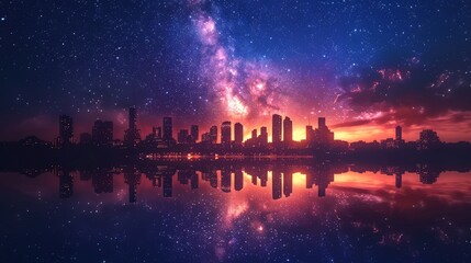 Fototapeta premium City Skyline Silhouette Against Cosmic Starry Sky