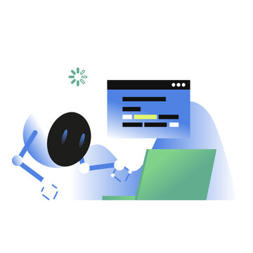 Robot assistant working on laptop
