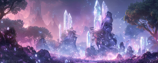 A breathtaking panoramic digital art piece showcasing a mystical forest with glowing crystals and a twilight sky backdrop