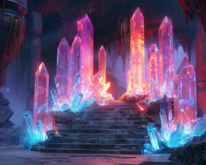 Stunning digital artwork of a vibrant, illuminated crystal staircase set within an ancient, mystical cave environment - obrazy, fototapety, plakaty