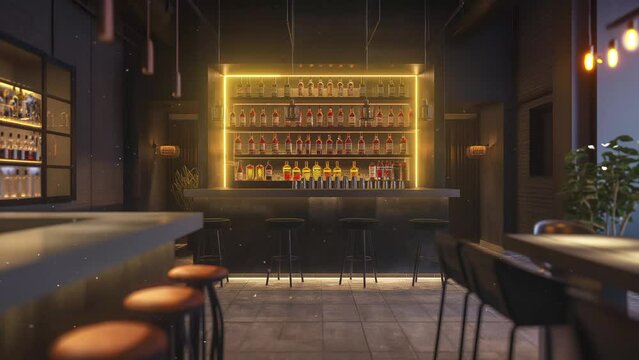 side view of stylish bar with tables. modern cafe or bar interior in dark concept.  seamless looping overlay 4k virtual video animation background