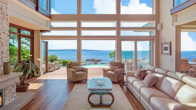 luxury estate interior with ocean view. seamless looping overlay 4k virtual video animation background
