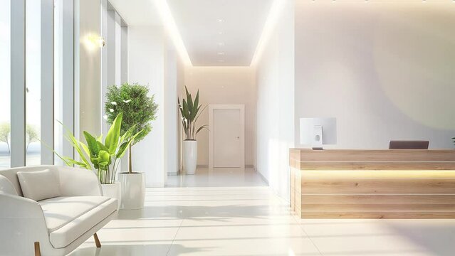 contemporary waiting room interior with wooden cabinet. seamless looping overlay 4k virtual video animation background
