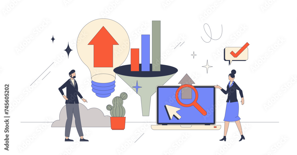 Poster seo optimization and data funnel results analysis retro tiny person concept, transparent background.