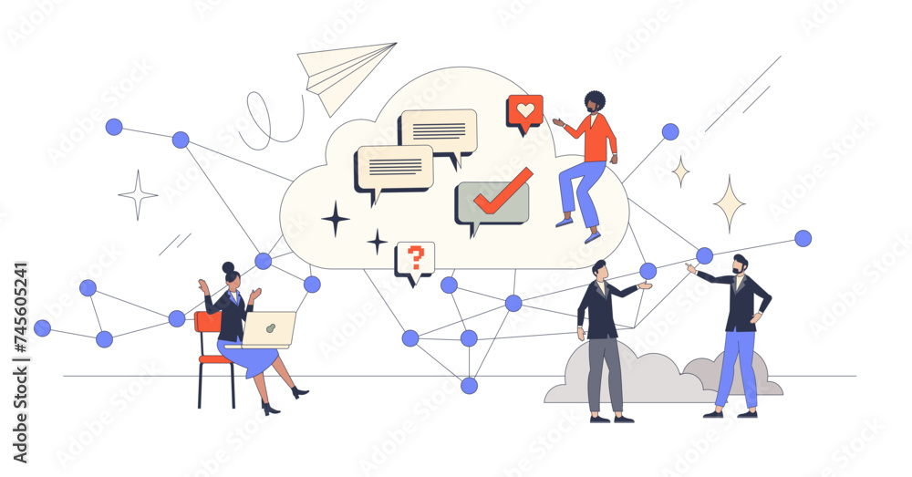 Poster virtual brainstorming and distant communication retro tiny person concept, transparent background.up
