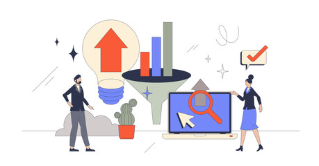 SEO optimization and data funnel results analysis retro tiny person concept, transparent background. Search engine performance improvement with precise and targeted audience planning illustration.
