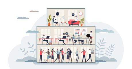 Career levels and employee work progress in hierarchy tiny person concept, transparent background. Company positions from entry level to senior and executive illustration.