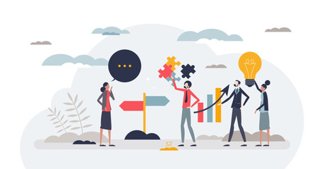 Change management crossroads for business solutions tiny person concept, transparent background. Strategy for company development and growth with new direction and path illustration.