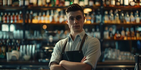 Confident young male bartender standing at bar. professional attire in a vintage styled pub. ideal for hospitality and service industry concepts. AI