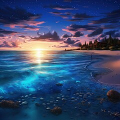 Seashore at sunset with blue bioluminescent water.