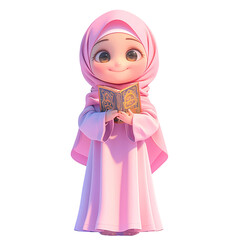 Cute Islamic Woman Holding Al Quran, Cartoon Character, 3d Render