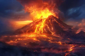 Foto auf Alu-Dibond Flowing magmas incandescent glow in a volcanic eruption illustrating the intense heat and fiery landscape of this natural phenomenon with dynamic textures © BussarinK