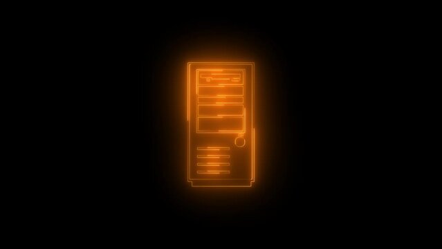 Neon glowing brown desktop computer icon animation in black background