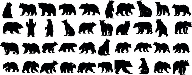 Bear silhouettes, bear in various poses, standing, walking, sitting, perfect for wildlife, nature designs, outdoor themes, versatile, visually engaging - obrazy, fototapety, plakaty