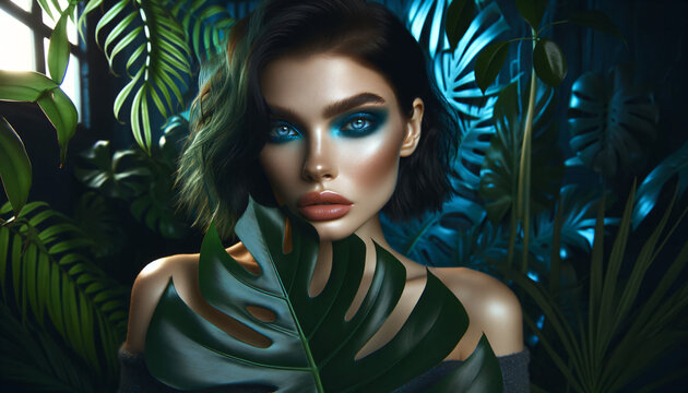 Fashion model poses with a monstera leaf and a tropical background.