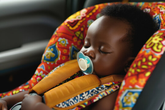 A sleeping black African American baby, toddler, infant, newborn, with a pacifier or dummy, in a car seat capsule with a seatbelt. Child car safety.