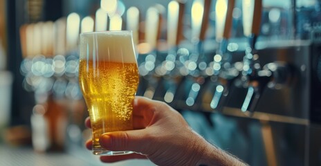 Hand holding a full glass of sparkling beer in a bar with blurred tap background - obrazy, fototapety, plakaty
