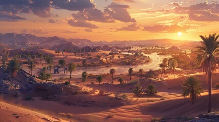 A vast desert landscape stretching to the horizon, with undulating sand dunes sculpted by the wind, a solitary oasis nestled among the dunes, palm trees swaying gently in the breeze - obrazy, fototapety, plakaty