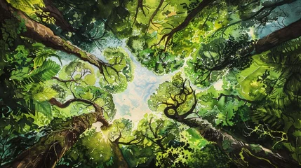 Poster An enchanting forest canopy seen from below, sunlight filtering through the dense foliage, casting dappled shadows on the forest floor, a winding path leading deeper into the woods © usama