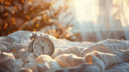 Foto op Canvas Alarm clock on a messy bed with festive bokeh lights, warm cozy morning concept. © Andrey