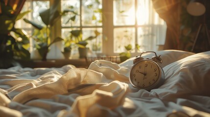 Vintage alarm clock on a bed with sunbeams streaming through the window, tranquil early morning setting