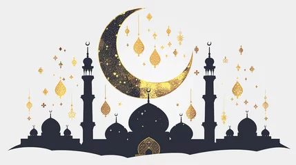 Foto op Plexiglas luxury Islamic banner, template, invitation, background with moon, mosque dome and lanterns. © Nenone