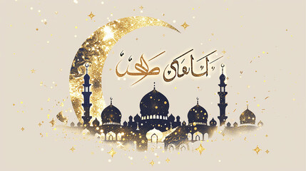 Obraz premium luxury Islamic banner, template, invitation, background with moon, mosque dome and lanterns.