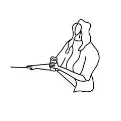 Modern, minimalistic and stylish fashion lady drink coffee. Vector illustration in hand drawn outline doodle simple contour style isolated on white background. For poster, presentation, web site.
