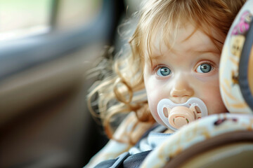 A baby girl, curly golden hair, toddler, newborn, infant with a dummy or pacifier, with bright blue eyes, in a child car seat with a seatbelt on. Child car safety.  - obrazy, fototapety, plakaty