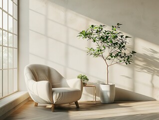 A living room bathed in soft, natural light, featuring an armchair as symbolizing serene modernity in minimalist design