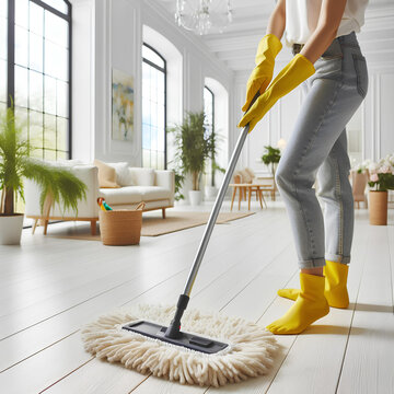 woman in yellow glove clean white wooden floor with mop in white modern room