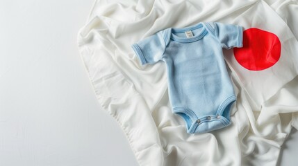 blue baby body suit and Japanese flag cloth on white background child problem concept.