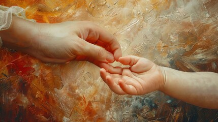 Tender interaction, mom touching baby's tiny hand, showcasing the gentle bond of motherhood - obrazy, fototapety, plakaty