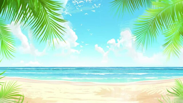 anime cartoon illustration background concept. white sandy tropical summer beach background. seamless looping overlay 4k virtual video animation background