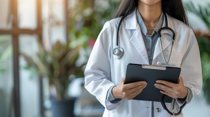 smiling female healthcare professional in the foreground holding a clipboard with a stethoscope around her neck