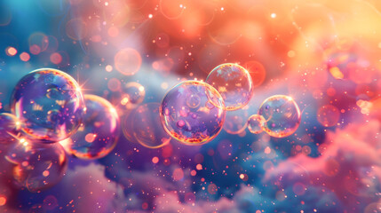 Vibrant Soap Bubbles Floating on a Bokeh Background - obrazy, fototapety, plakaty