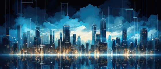 Futuristic Cityscape with Digital Network Connections