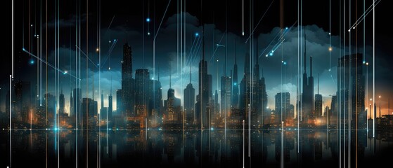 Futuristic Cityscape with Digital Network Connections