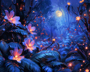 Vivid luminous flora with iridescent petals shimmering under a spectral moon in a mysterious fantasy forest