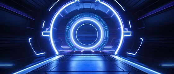 Futuristic Sci-Fi Tunnel with Neon Blue Lights - obrazy, fototapety, plakaty