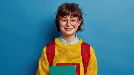 A smiling young woman wearing glasses, a yellow sweater, and a red backpack holds colorful books against a vibrant blue backdrop.
