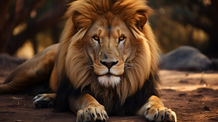 Intense gaze of a majestic lion resting on the savannah, his mane framing a face full of power and nobility against the warm earth tones of his natural habitat 