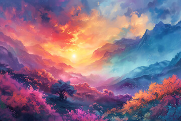 Fototapeta na wymiar A vibrant fantasy scene with a surreal sunset illuminating a landscape of colorful foliage and misty mountains
