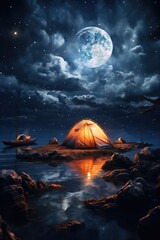 Fototapeta na wymiar Serene Moonlit Camping Scene by the Lake